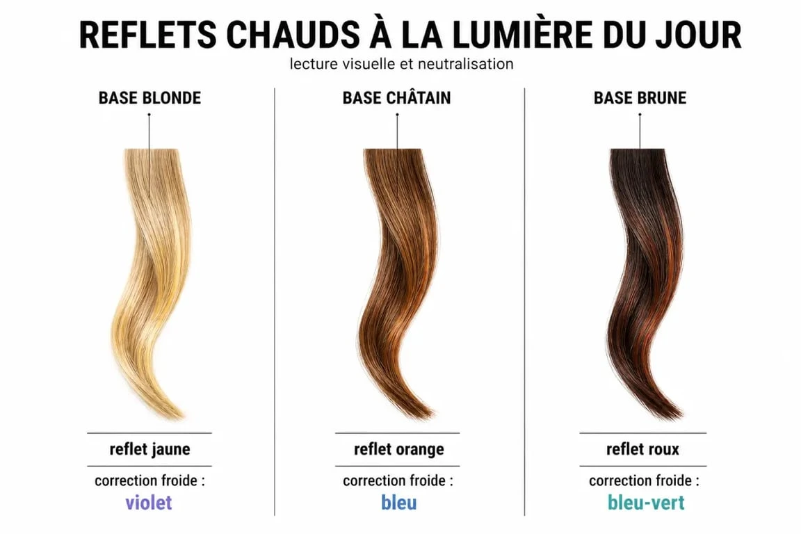 Neutraliser reflet roux naturellement : repérage des reflets cuivrés sur blond, châtain et brun à la lumière naturelle