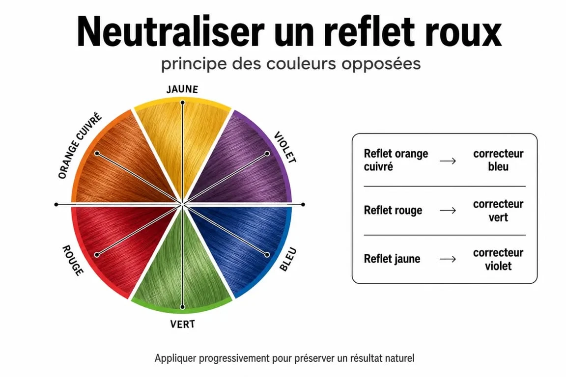 Neutraliser reflet roux naturellement : schéma des reflets jaunes, oranges et rouges avec les nuances froides correspondantes