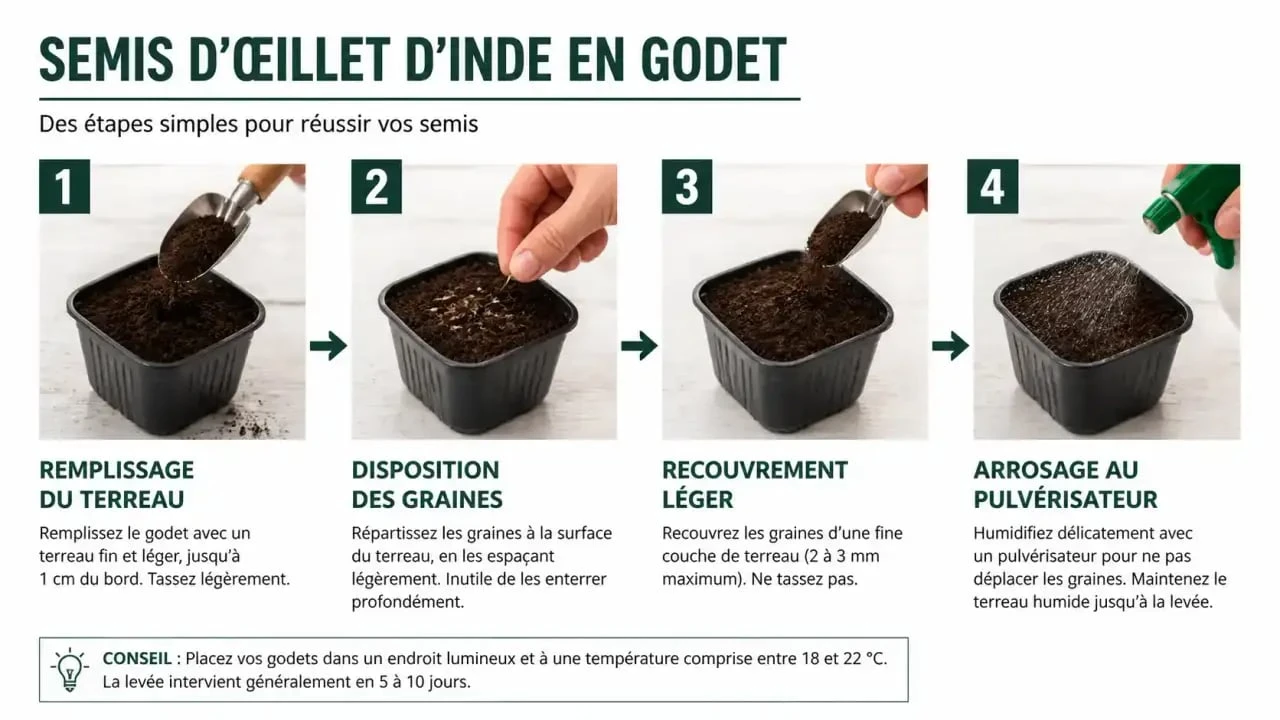 Étapes du semis d'œillet d'Inde en godet pour réussir sa culture