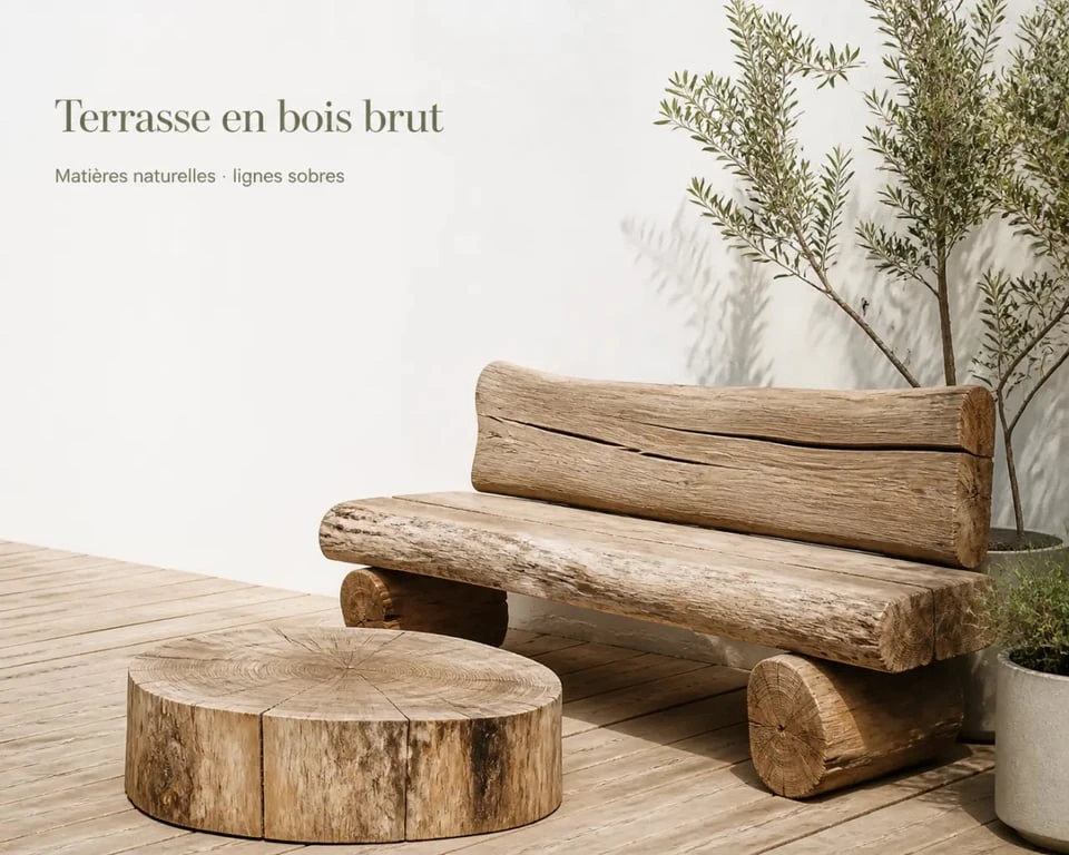 Que faire avec des rondins de bois dans le jardin : banc rustique et table basse en bois brut