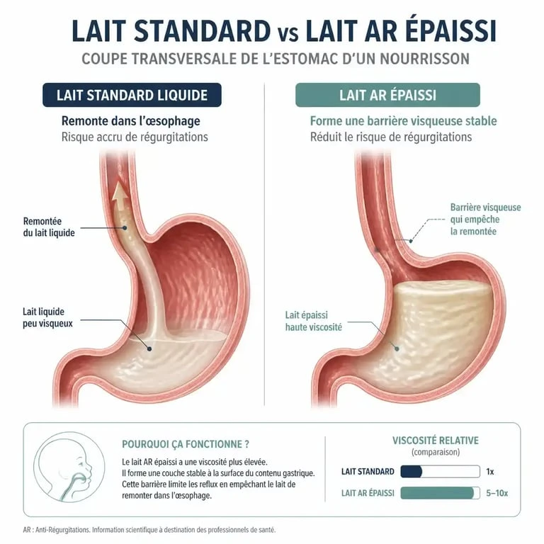 Schéma explicatif de l'action du lait anti régurgitations dans l'estomac du bébé