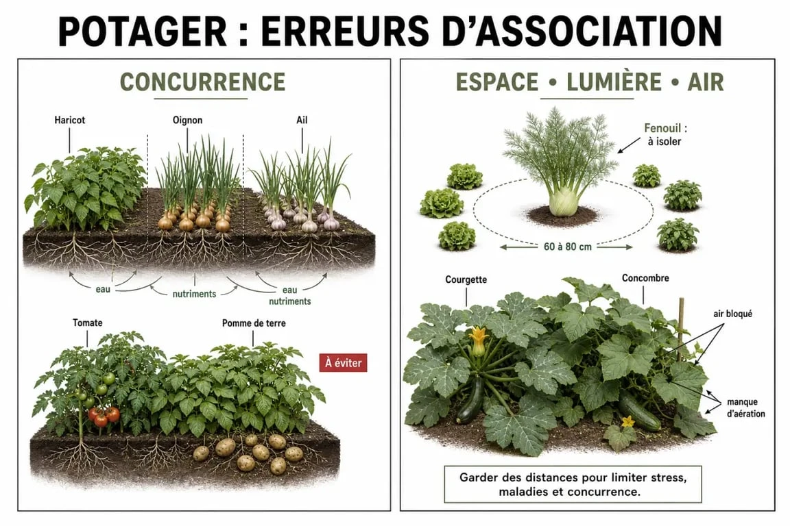 Association de plantes au potager : associations à éviter avec haricot, oignon, ail, tomate, pomme de terre et fenouil