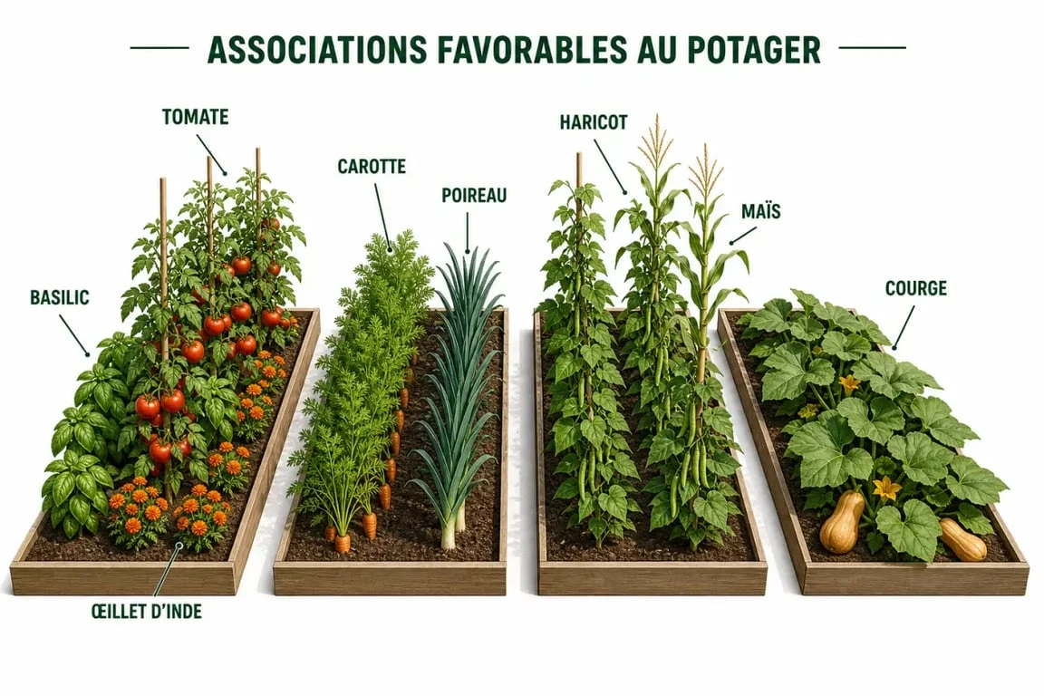 Association de plantes au potager : planche éditoriale montrant tomate, basilic, œillet d’Inde, carotte, poireau et haricot-maïs-courge