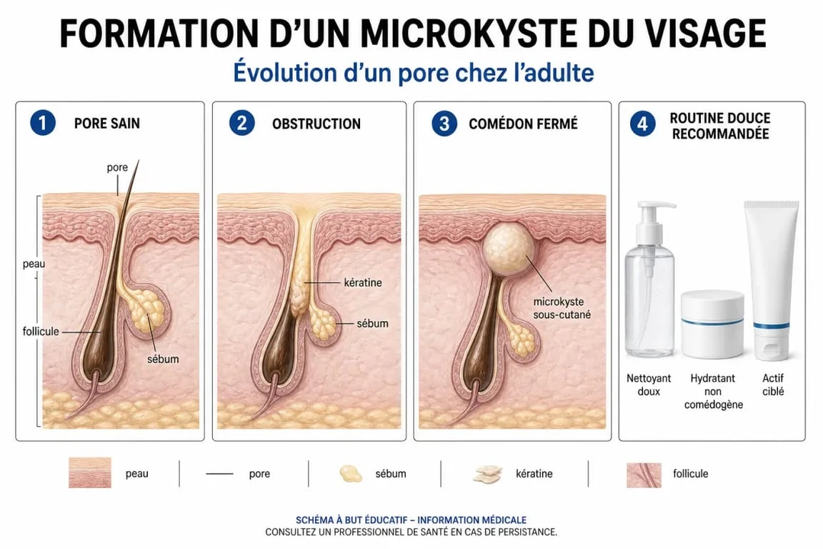 Traitement microkyste visage adulte : schéma de formation du microkyste et routine douce