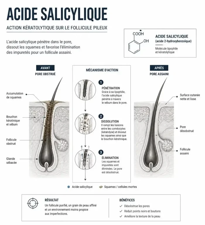 Schéma explicatif de l'action de l'acide salicylique shampoing sur le cuir chevelu