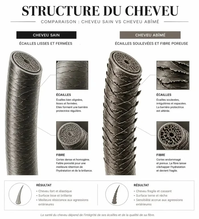 Schéma comparatif de la structure d'un cheveu sain et d'un cheveu en paille abîmé