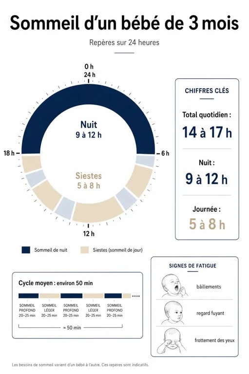 Temps sommeil bébé 3 mois : répartition du sommeil sur 24 heures et repères de durée