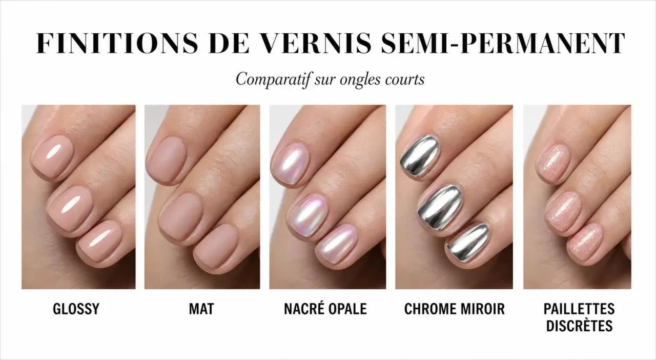 Idee ongle semi permanent avec finitions glossy, mat, nacré, chrome et paillettes