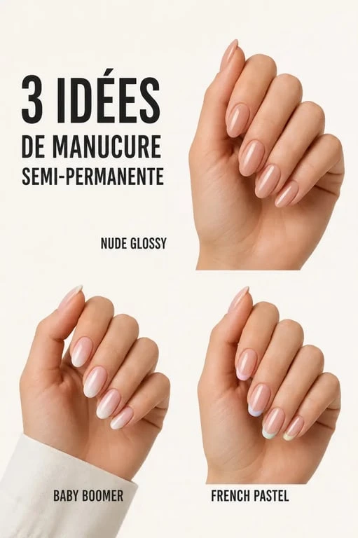 Idee ongle semi permanent nude glossy, baby boomer et french pastel