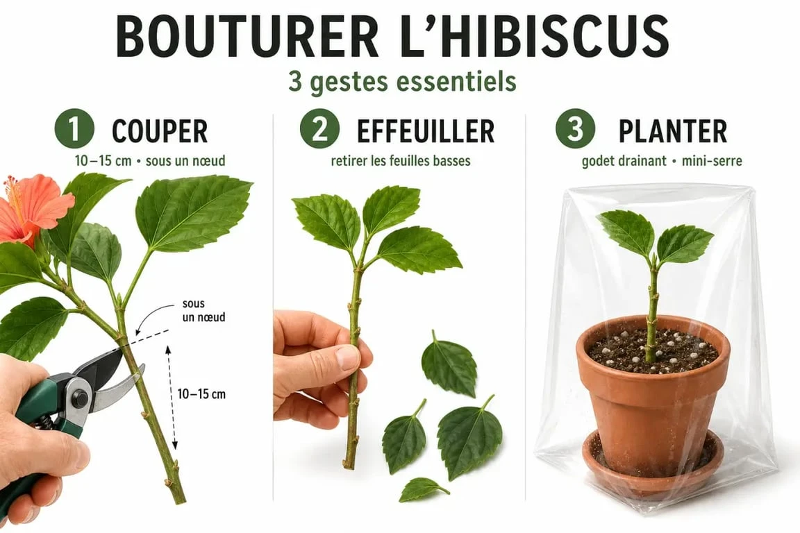 Bouture hibiscus exterieur : étapes de coupe et plantation dans un godet drainant