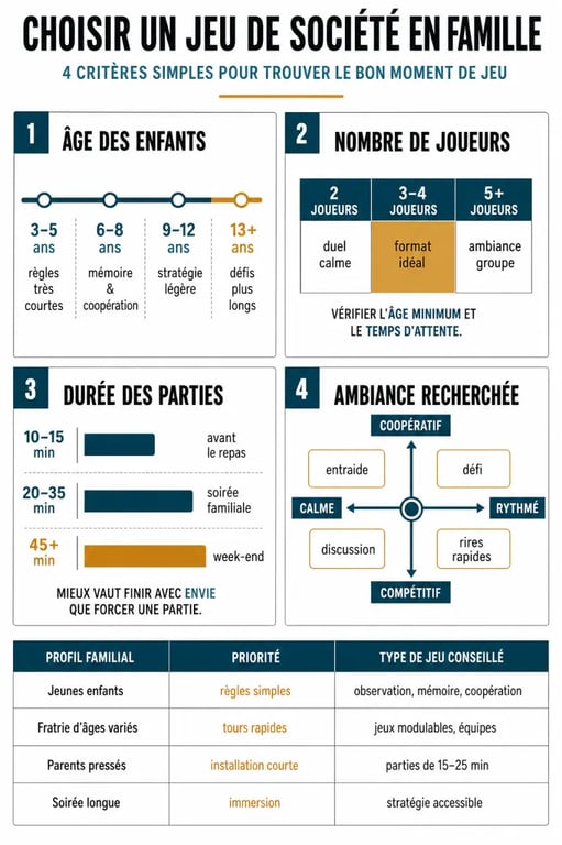 Quels jeux de société choisir pour des moments en famille ? Infographie comparative sur l’âge, le nombre de joueurs et la durée des parties