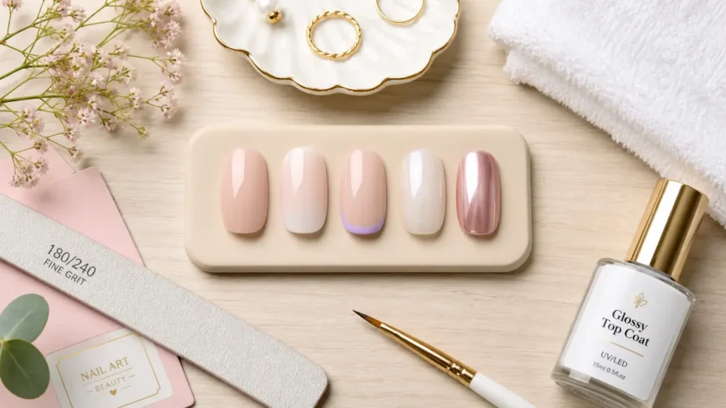 Idée ongle semi-permanent : nude glossy, chrome miroir ou baby boomer selon la forme
