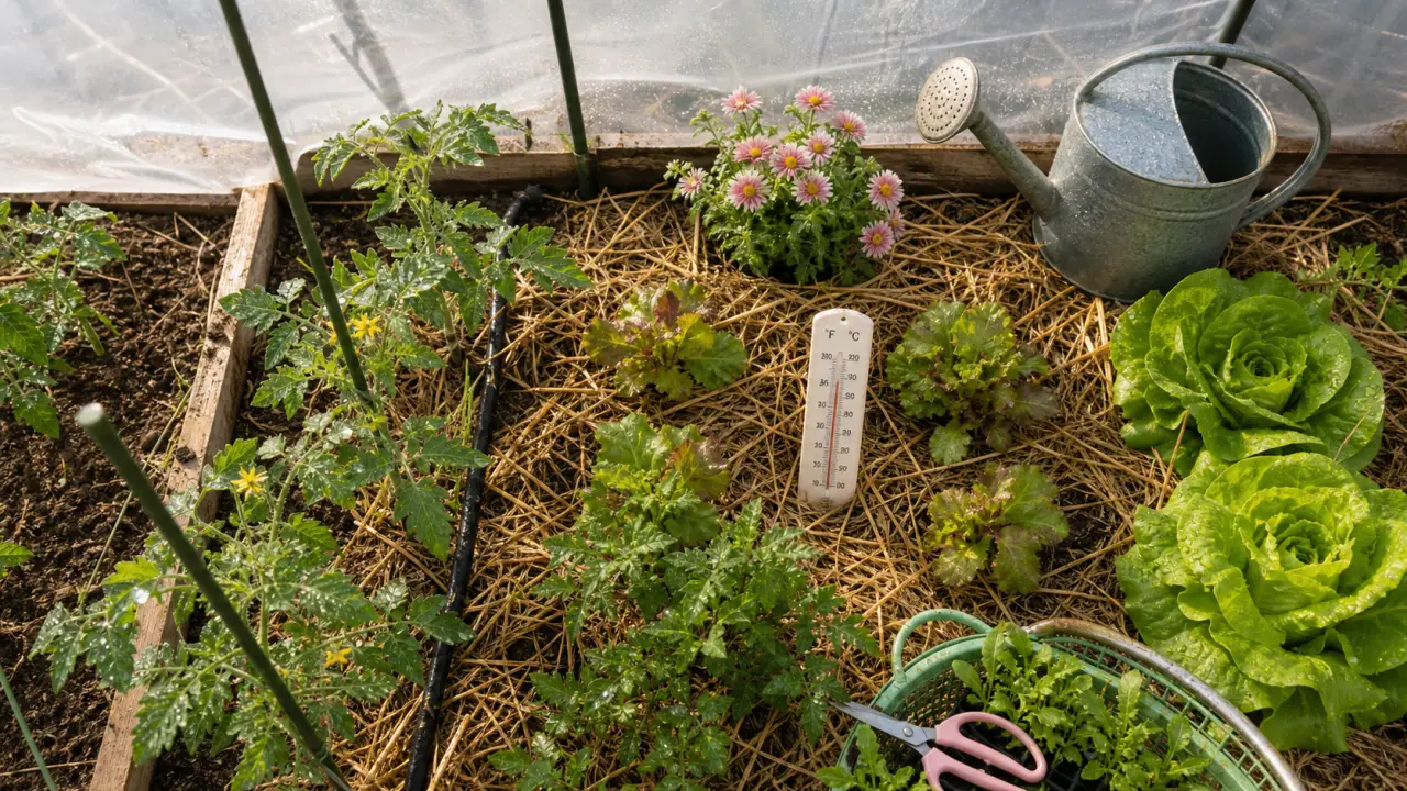 Potager serre en mars sous serre, jeunes plants et arrosoir