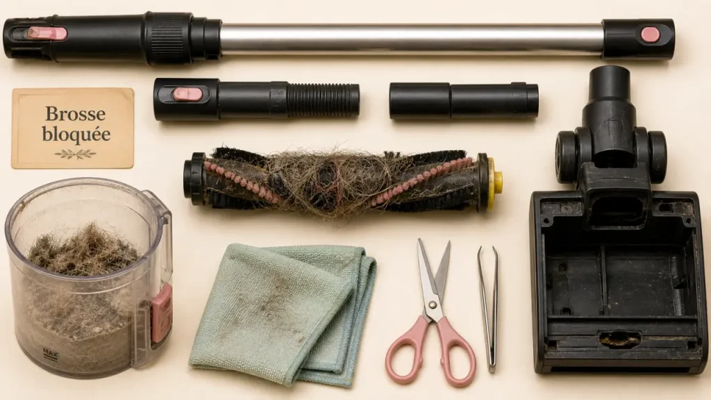Brosse d’aspirateur qui ne tourne plus : blocage, courroie, batterie et tests utiles