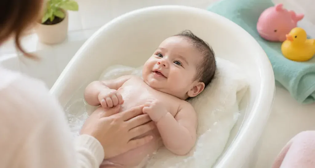 Le bain libre commence souvent vers 2 mois, si bébé est prêt