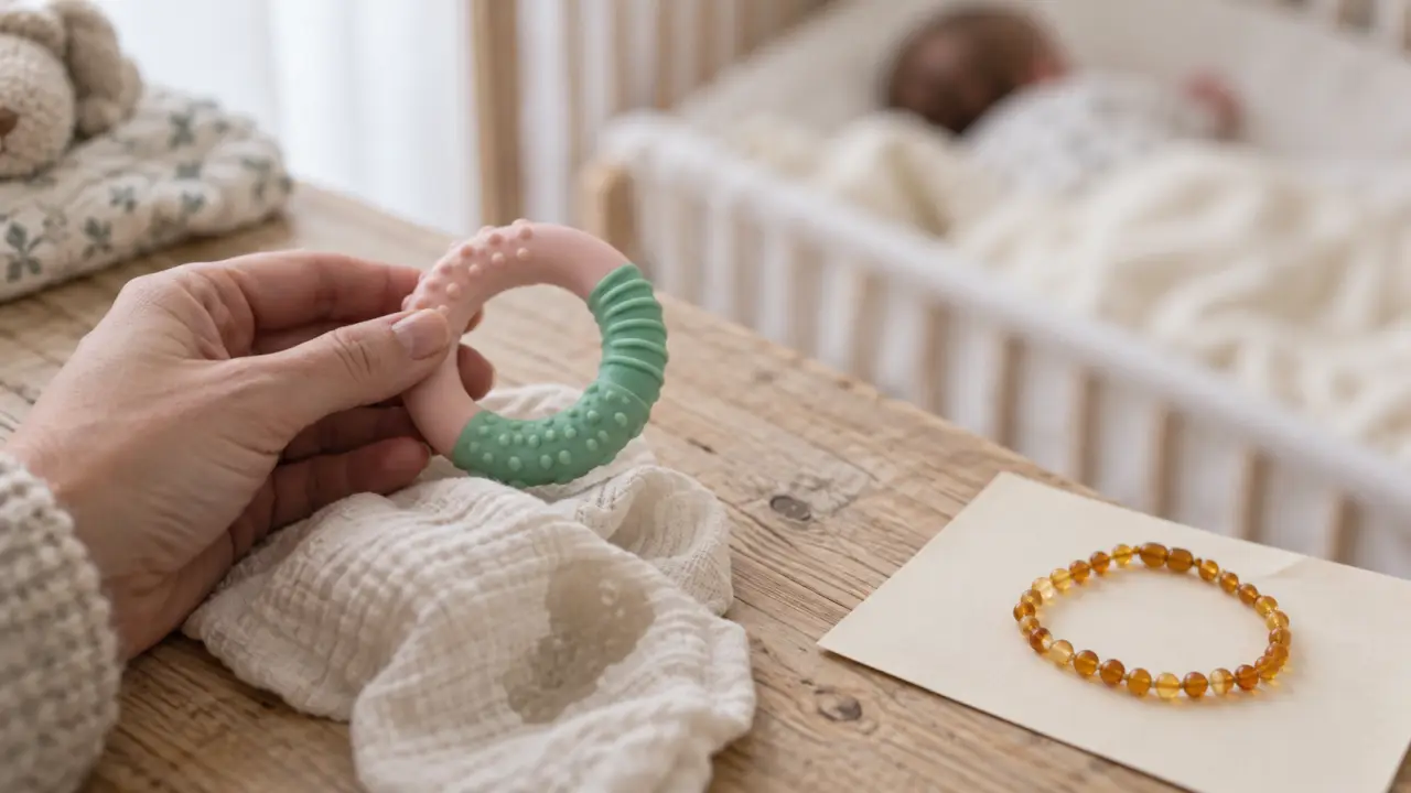 Collier ambre bébé près d’un anneau de dentition, à éviter pendant les poussées dentaires