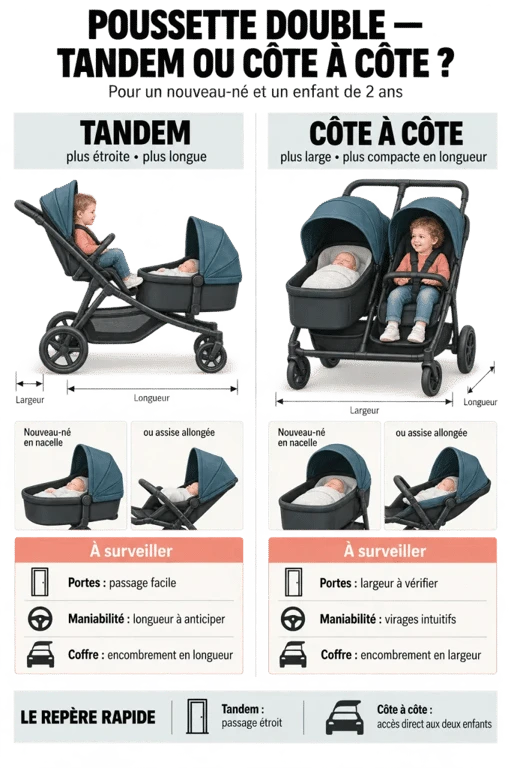 Poussette double nouveau-né et 2 ans : comparaison tandem et côte à côte