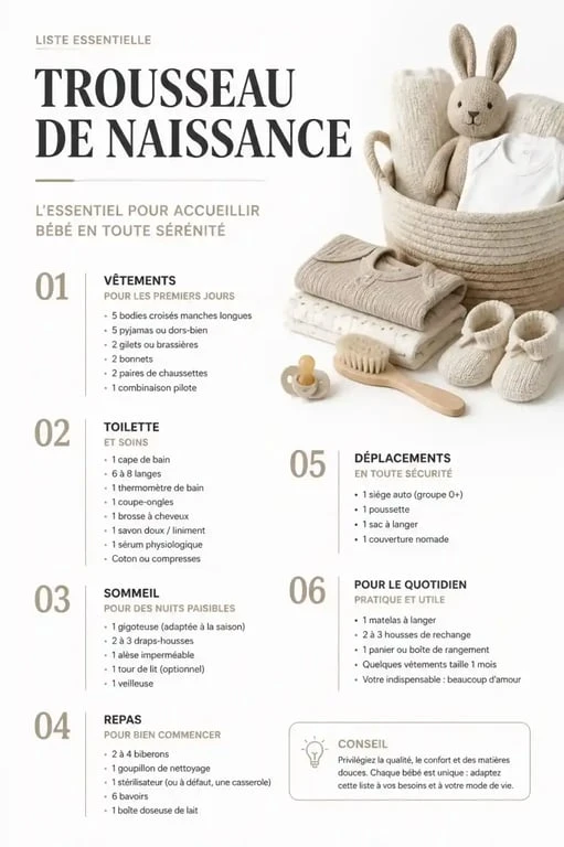Infographie des essentiels pour un trousseau de naissance bébé