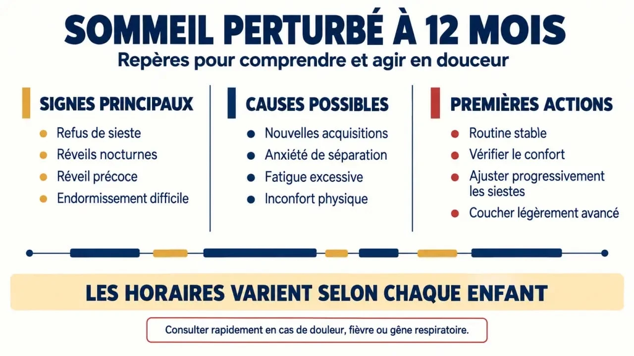 Infographie sur le sommeil bébé 12 mois perturbé : signes, causes et solutions