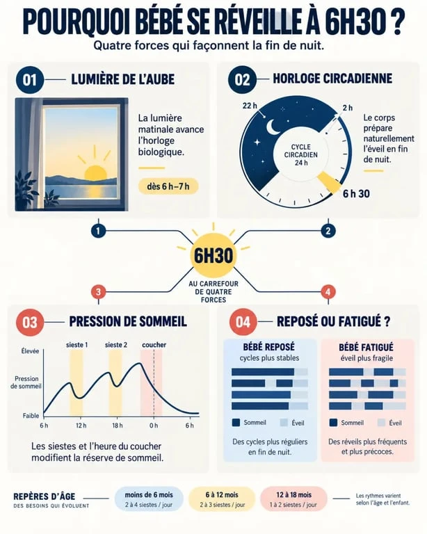 Infographie expliquant pourquoi un bébé se réveille à 6h30 selon la lumière, les siestes et l’âge