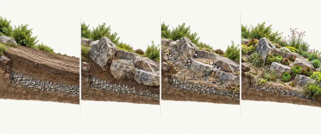 Étapes pour faire une rocaille dans un jardin avec drainage, pierres et plantes alpines