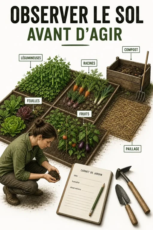 Jardinier bio observant un potager avec compost, paillage et carnet de suivi
