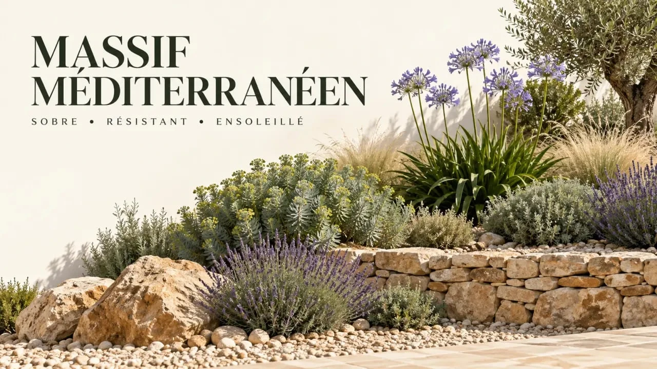 Idée déco massif avec galets beiges, lavandes et agapanthes