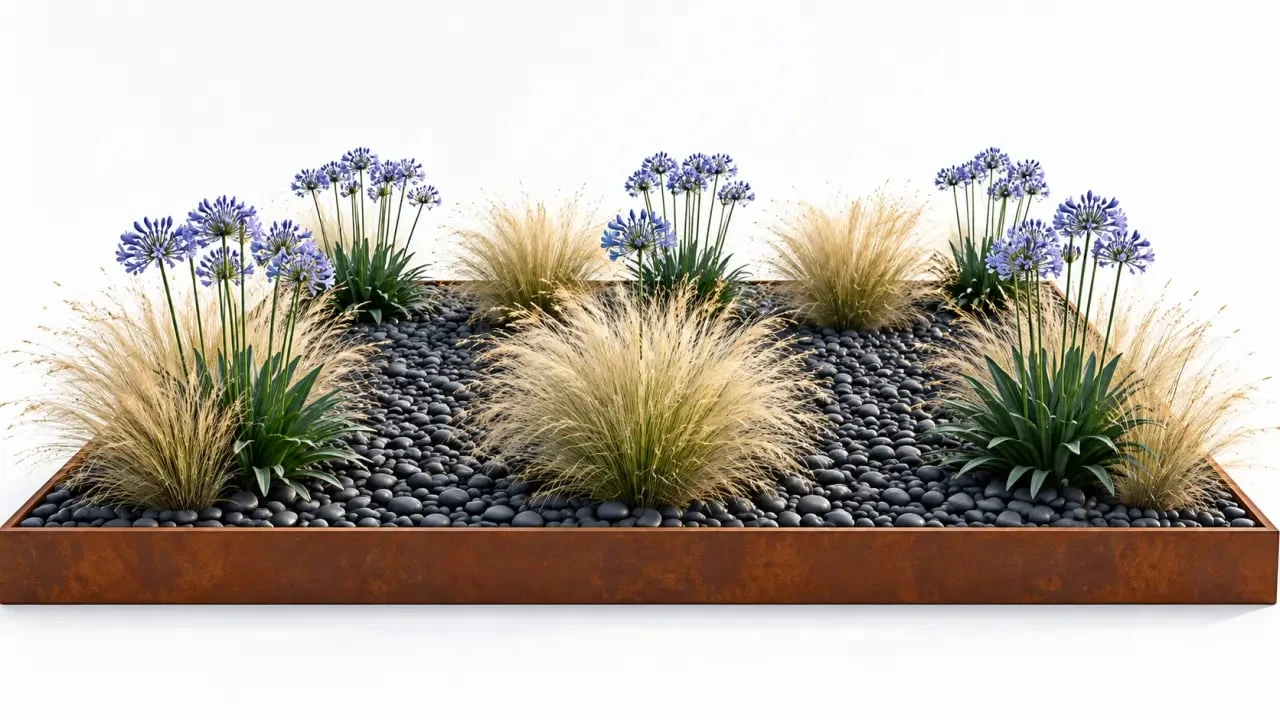 Idée déco massif avec galets anthracite et plantes graphiques