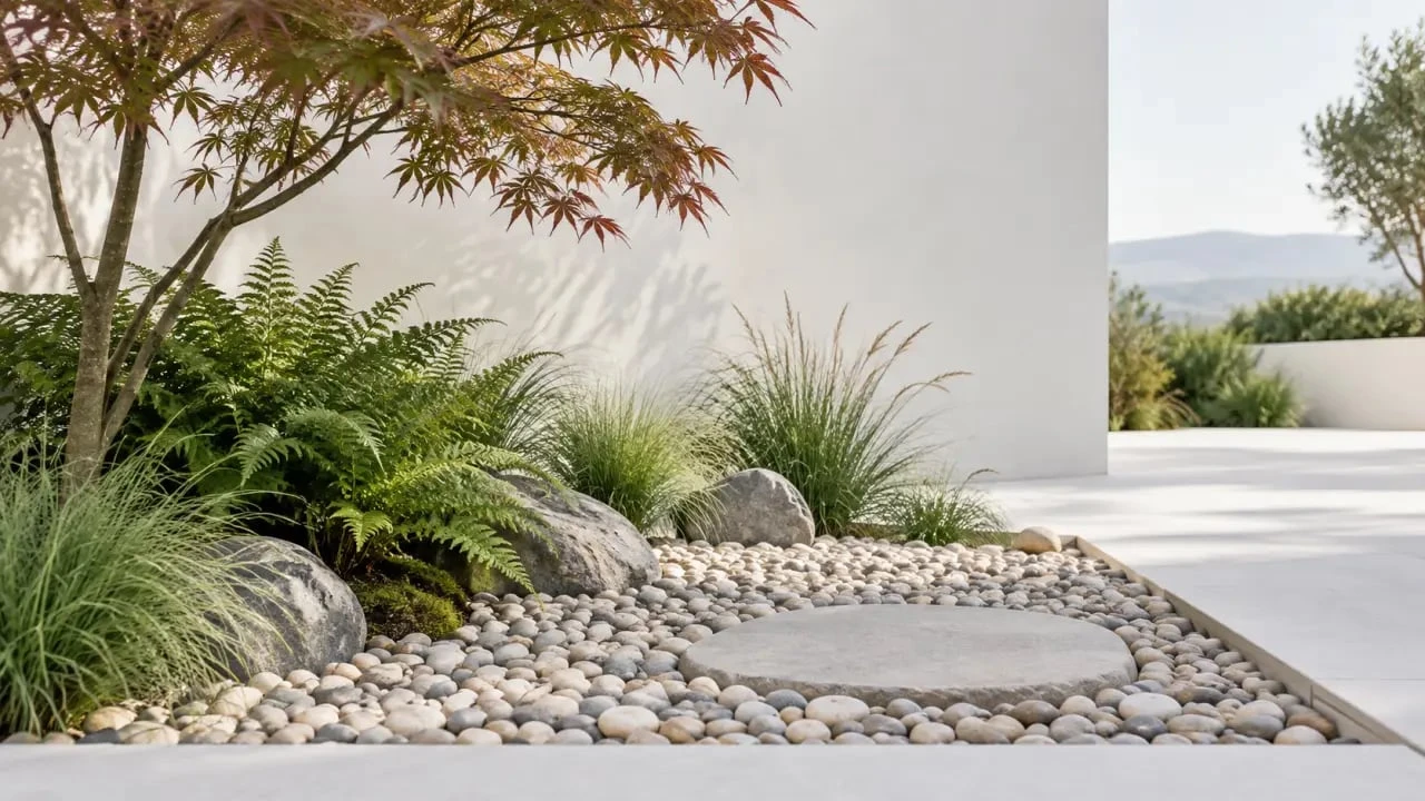 Idée déco massif avec galets dans un jardin zen avec graminées et pas japonais
