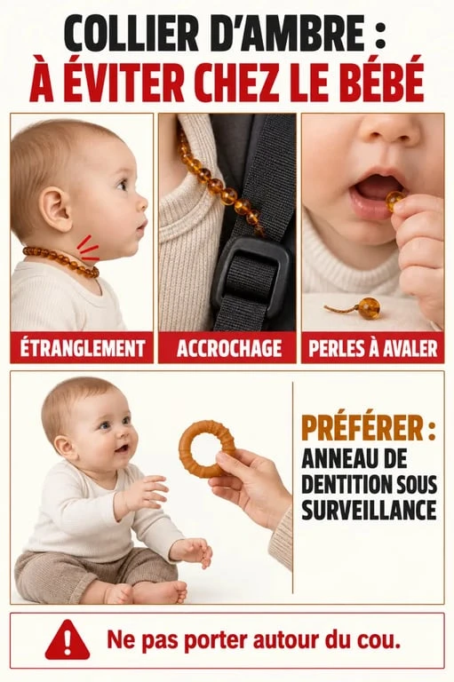 Infographie sur les risques du collier ambre bébé et les alternatives de dentition plus sûres