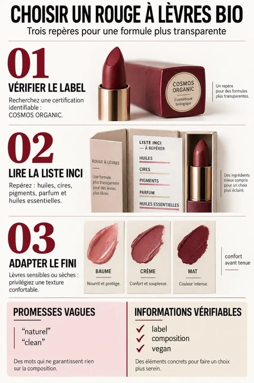 Infographie pour savoir quel rouge à lèvres bio choisir selon le label, la composition et la sensibilité des lèvres