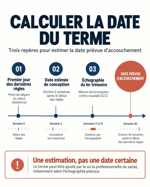 Infographie pour calculer la date du terme selon les dernières règles, la conception ou l’échographie