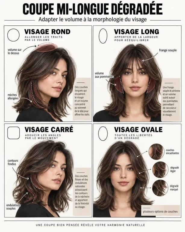 Coupe femme mi long dégradé moderne adaptée aux différentes formes de visage