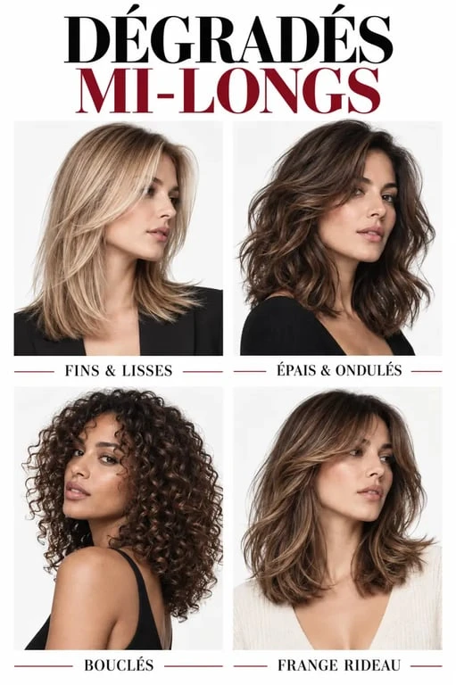 Exemples de coupe femme mi long dégradé moderne sur différentes textures de cheveux