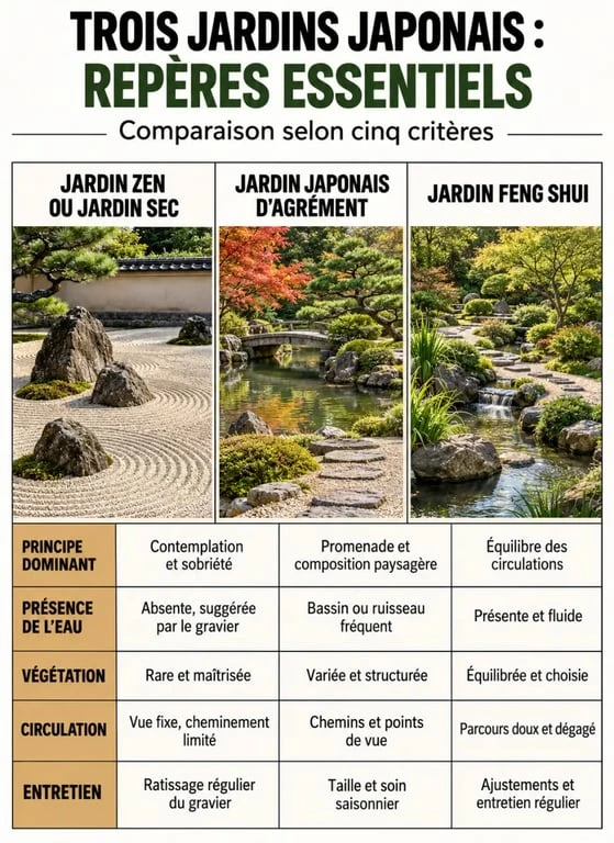 Infographie comparant le jardin zen, le jardin japonais et le jardin feng shui