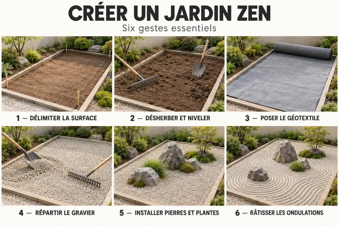 Étapes illustrées pour faire un jardin zen avec gravier, pierres, géotextile et plantes