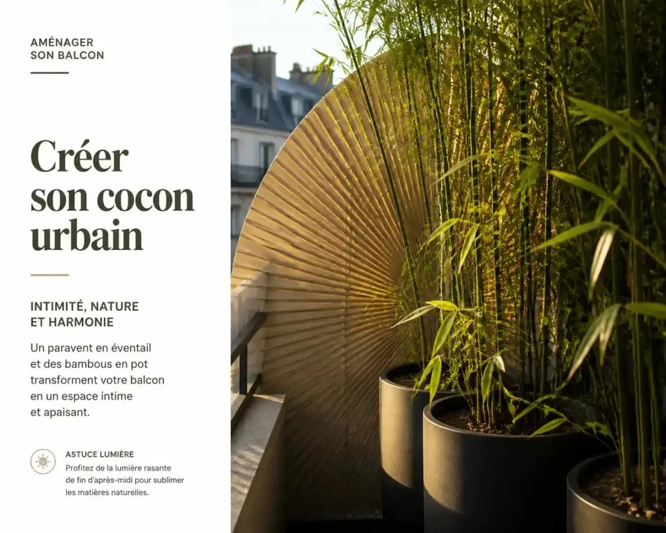 Paravent et bambous en pot pour créer de l'intimité sur un petit balcon en ville