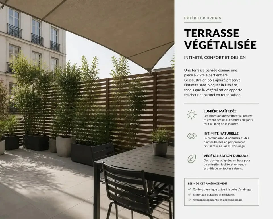 Terrasse en ville sans vis-à-vis aménagée avec claustra ajouré et voile d'ombrage
