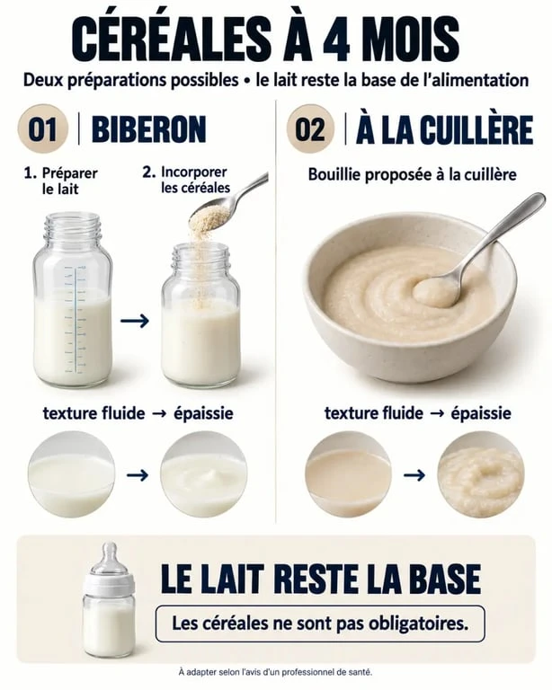 Infographie sur les céréales 4 mois et leur préparation au biberon ou à la cuillère
