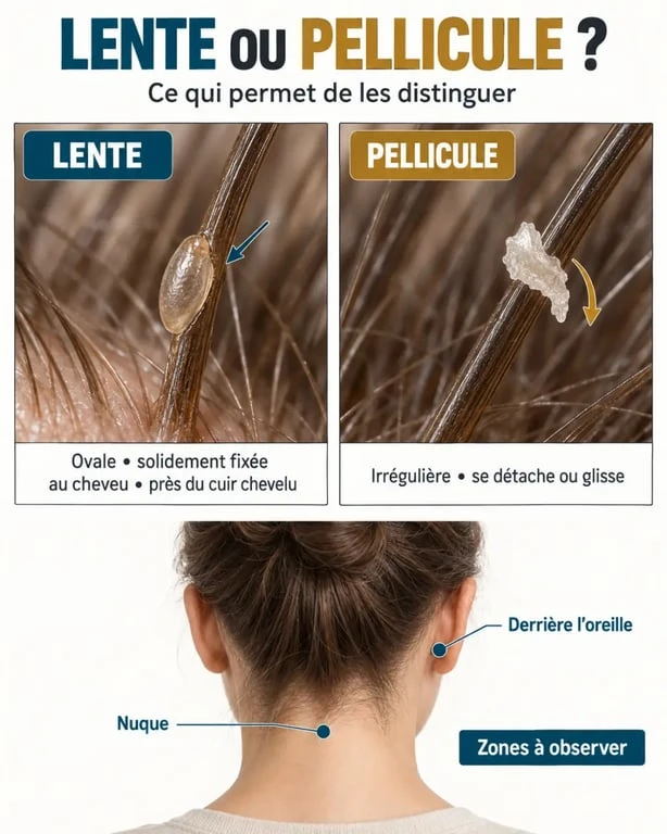 Infographie pour différencier une lente d'une pellicule dans les cheveux