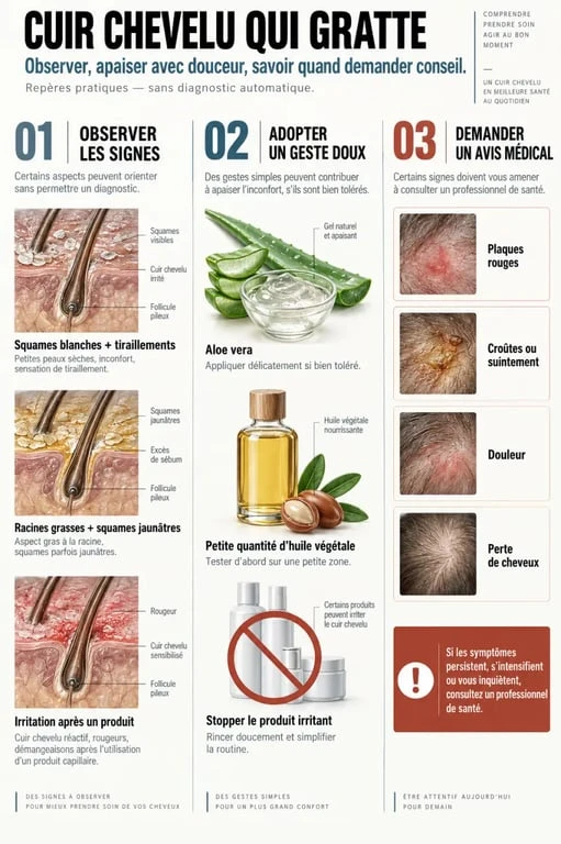 Cuir chevelu qui gratte : signes à observer, solutions naturelles prudentes et quand consulter