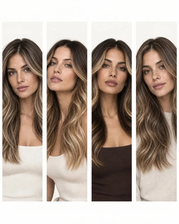 Comparatif de mèches blondes sur du brun : balayage, contouring, babylights et mèches fines