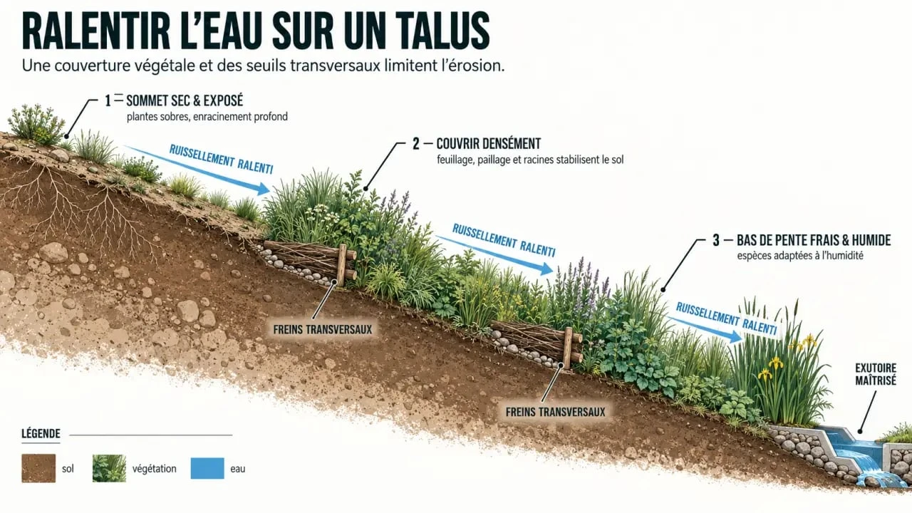 Aménagement talus avec végétalisation des zones hautes, médianes et basses pour ralentir le ruissellement