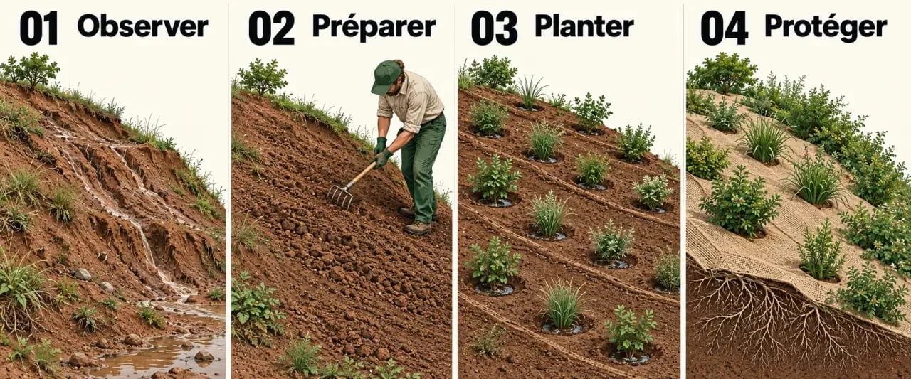 Aménagement talus en pente avec plantation en quinconce, cuvettes d'arrosage et toile de jute
