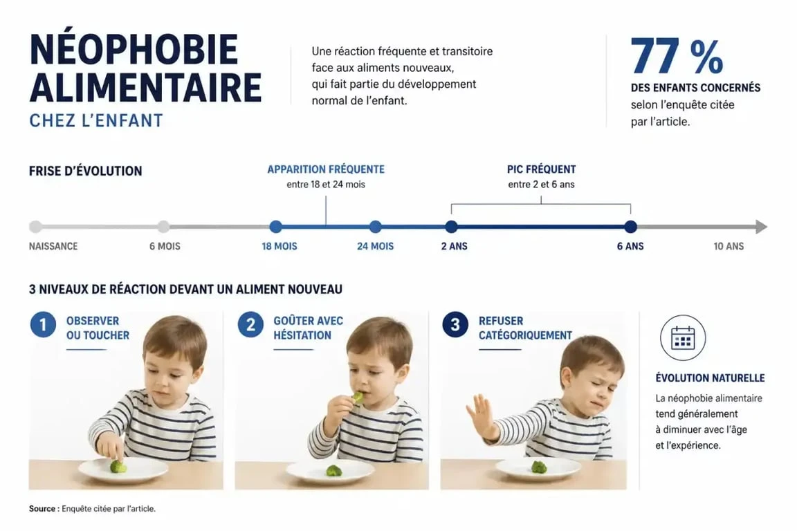 Infographie sur la néophobie alimentaire chez l’enfant, ses âges d’apparition et ses réactions fréquentes