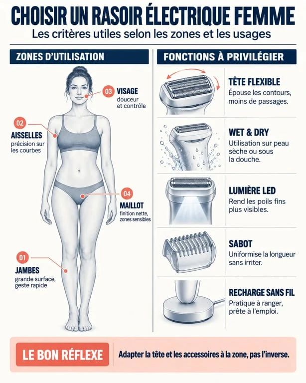 Infographie des critères pour choisir un rasoir électrique pour femme selon les zones et les fonctions