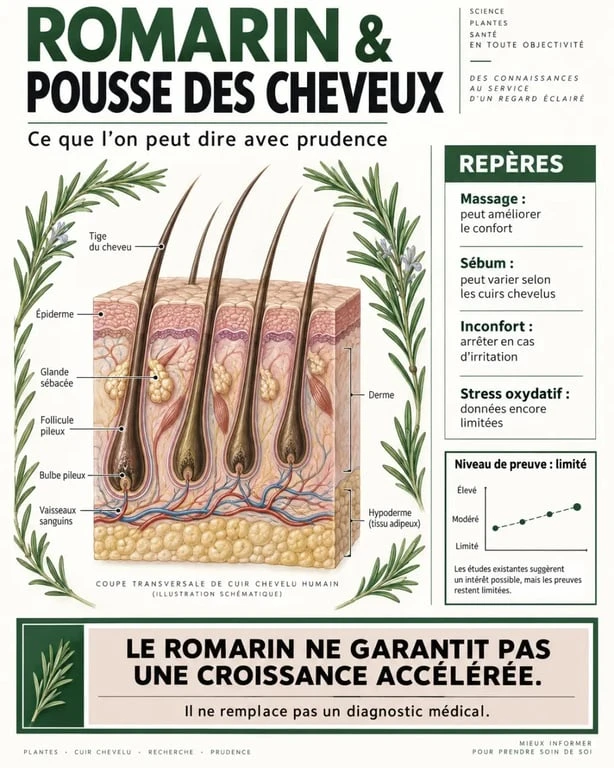 Visuel scientifique sur le romarin et la pousse des cheveux, le cuir chevelu et les limites des preuves