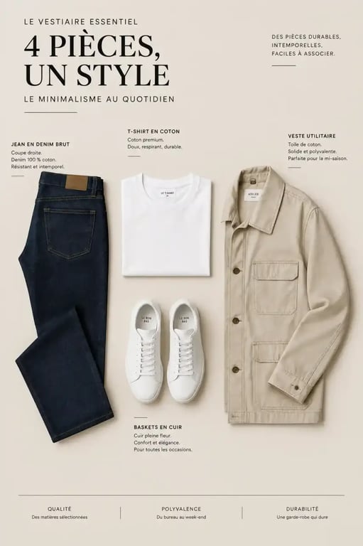 Exemple d'uniforme souple avec jean brut, t-shirt blanc et baskets pour s'habiller rapidement le matin