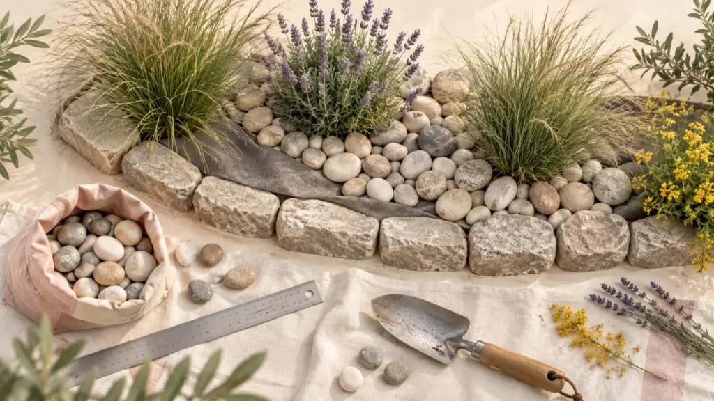 Massif avec galets : 4 styles pour structurer le jardin sans entretien lourd