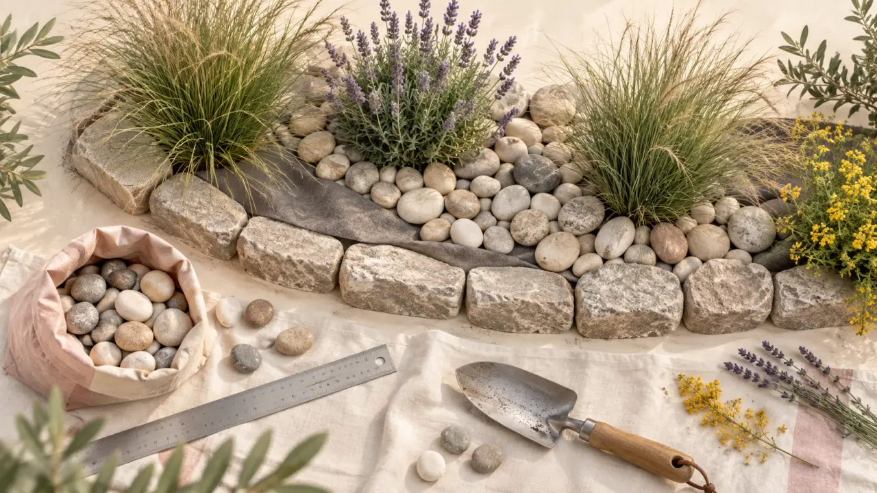 Idee déco massif avec galets : bordure pierre, toile de paillage et graminées